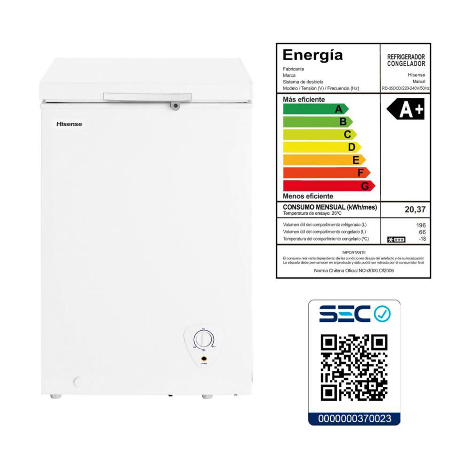 Freezer Horizontal Hisense FC-12DD / Fr&iacute;o Directo / 95 Litros / A+ image number 5.0